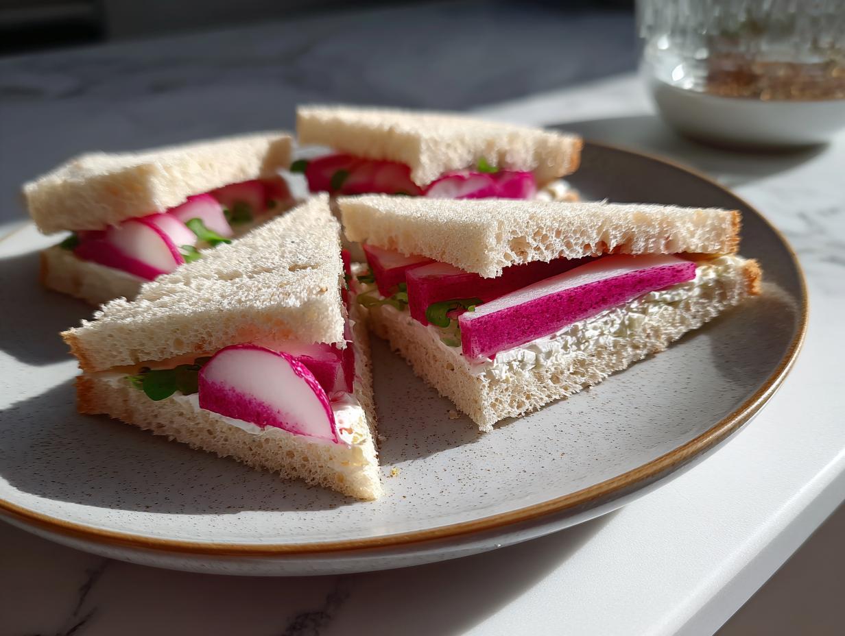 Close-up of Radish & Butter Tea Sandwiches on a plate, featuring radishes, butter, and bread.