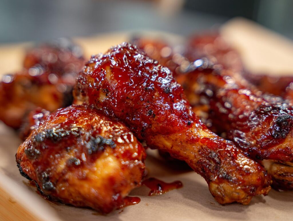 Close-up of several Rhubarb Glazed Chicken Drumsticks, glistening with glaze.