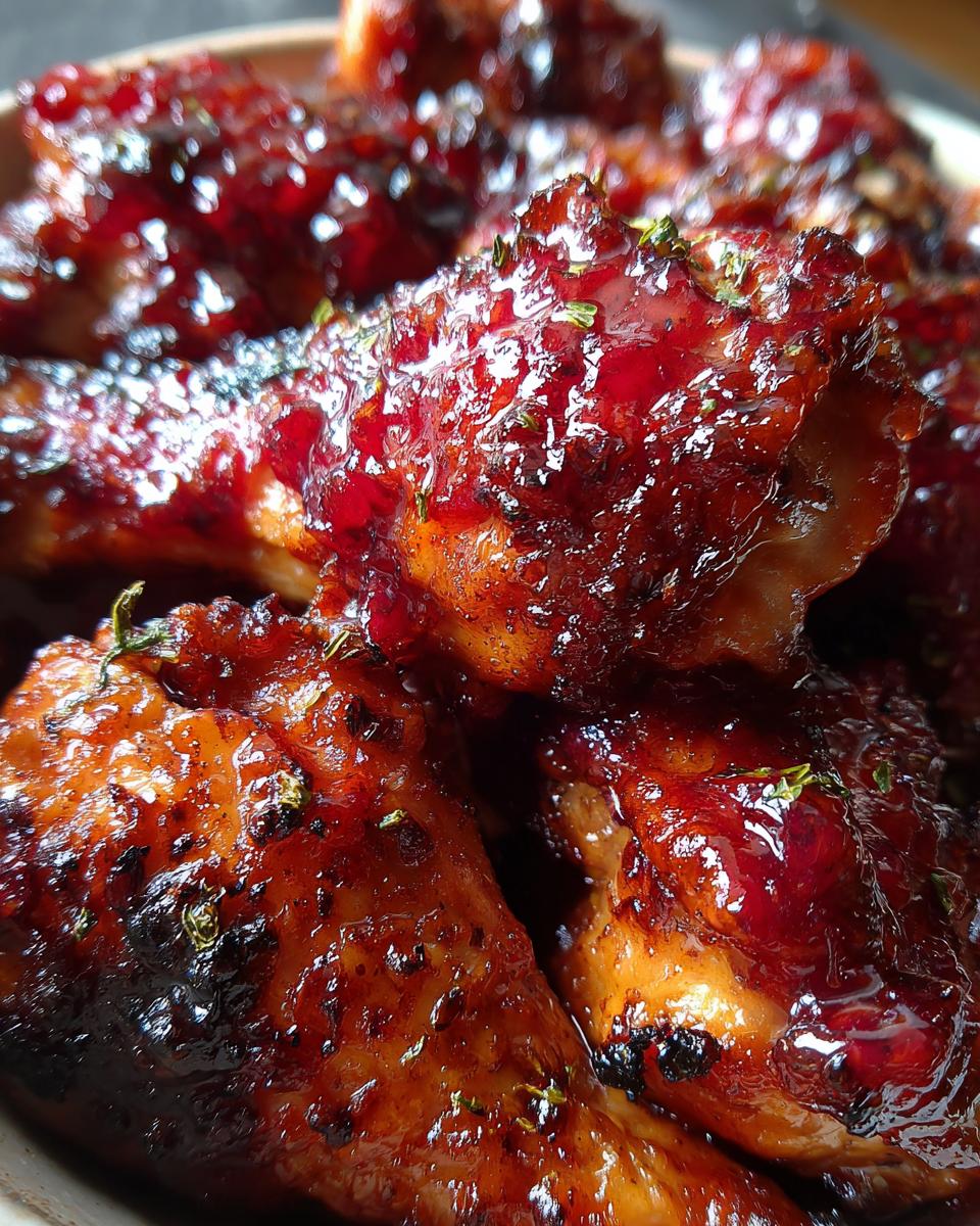 Close-up of juicy Rhubarb Glazed Chicken Drumsticks, glazed with a shiny, red sauce.
