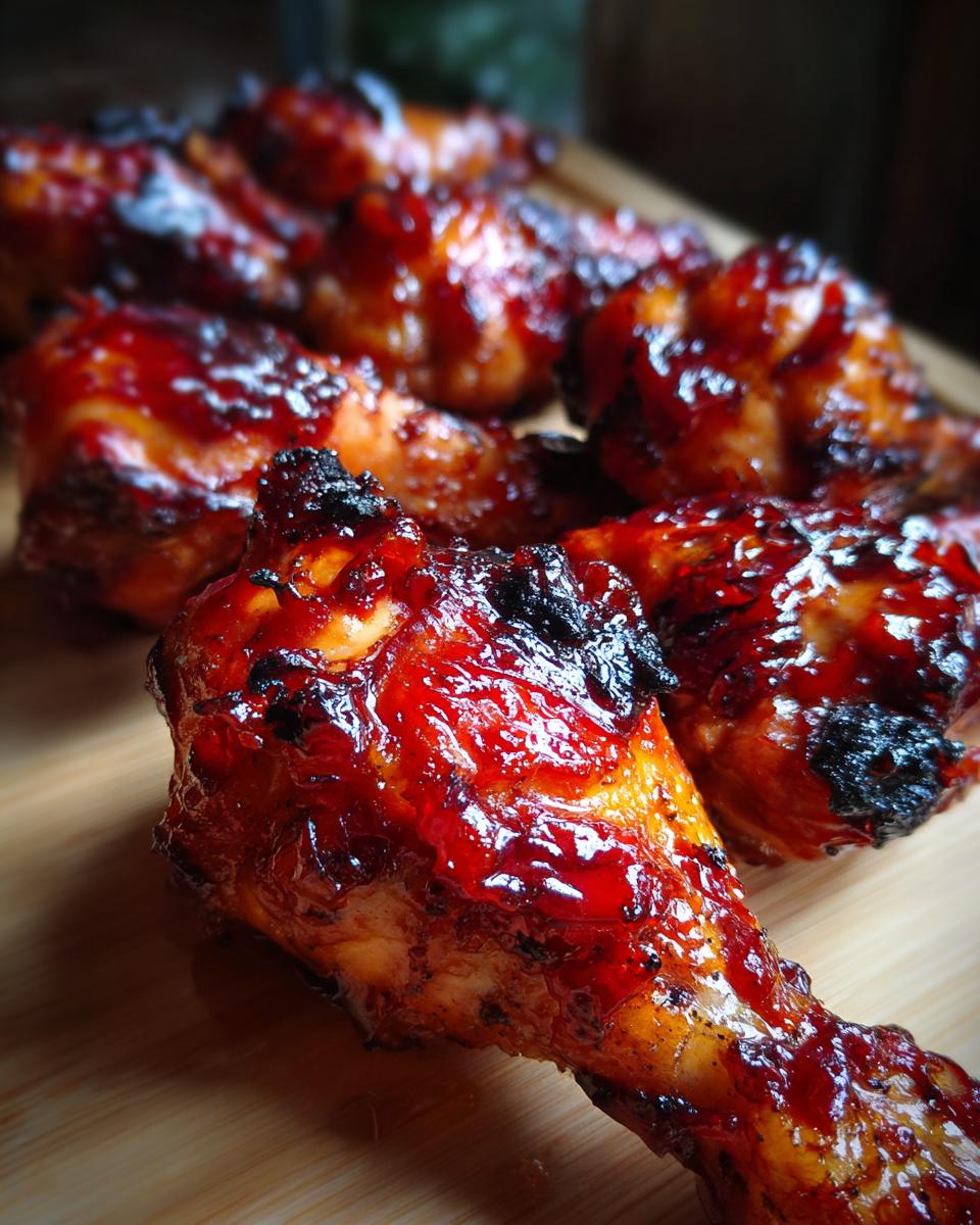 Close-up of several Rhubarb Glazed Chicken Drumsticks on a wooden surface, showing the glossy glaze.