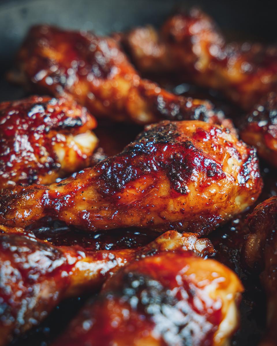 Close-up of delicious Rhubarb Glazed Chicken Drumsticks, glistening with glaze.