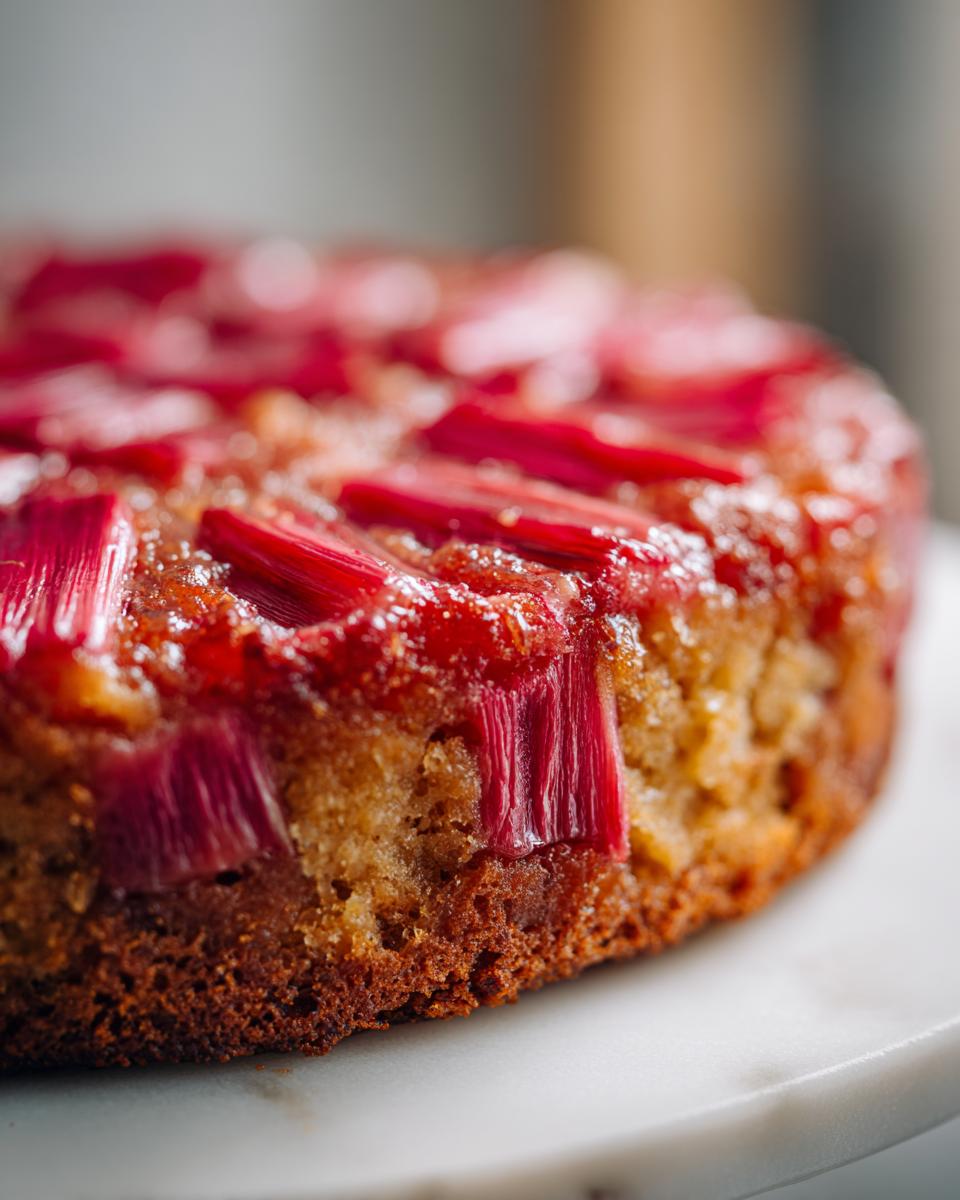 Close-up of a freshly baked Rhubarb Upside Down Cake, showing the caramelized rhubarb topping.