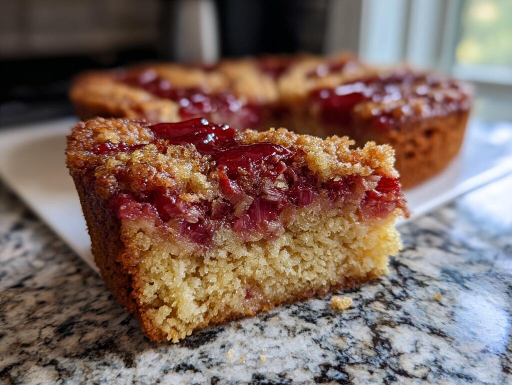 Close-up of a slice of Rhubarb Upside Down Cake with a soft cake base and rhubarb topping.