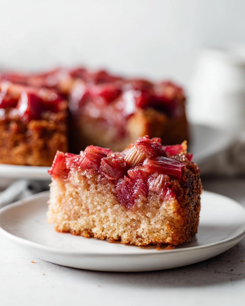 Close-up of a slice of Rhubarb Upside Down Cake on a white plate, showing the rhubarb topping.