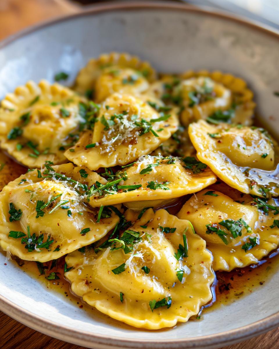 Close-up of Ricotta & Lemon Ravioli with Brown Butter, garnished with herbs, in a bowl.