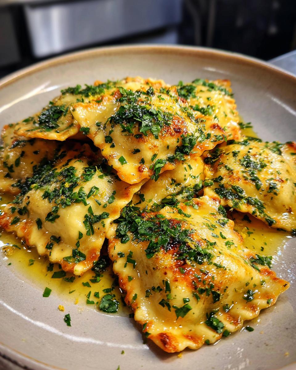 Close-up of Ricotta & Lemon Ravioli with brown butter and fresh herbs.