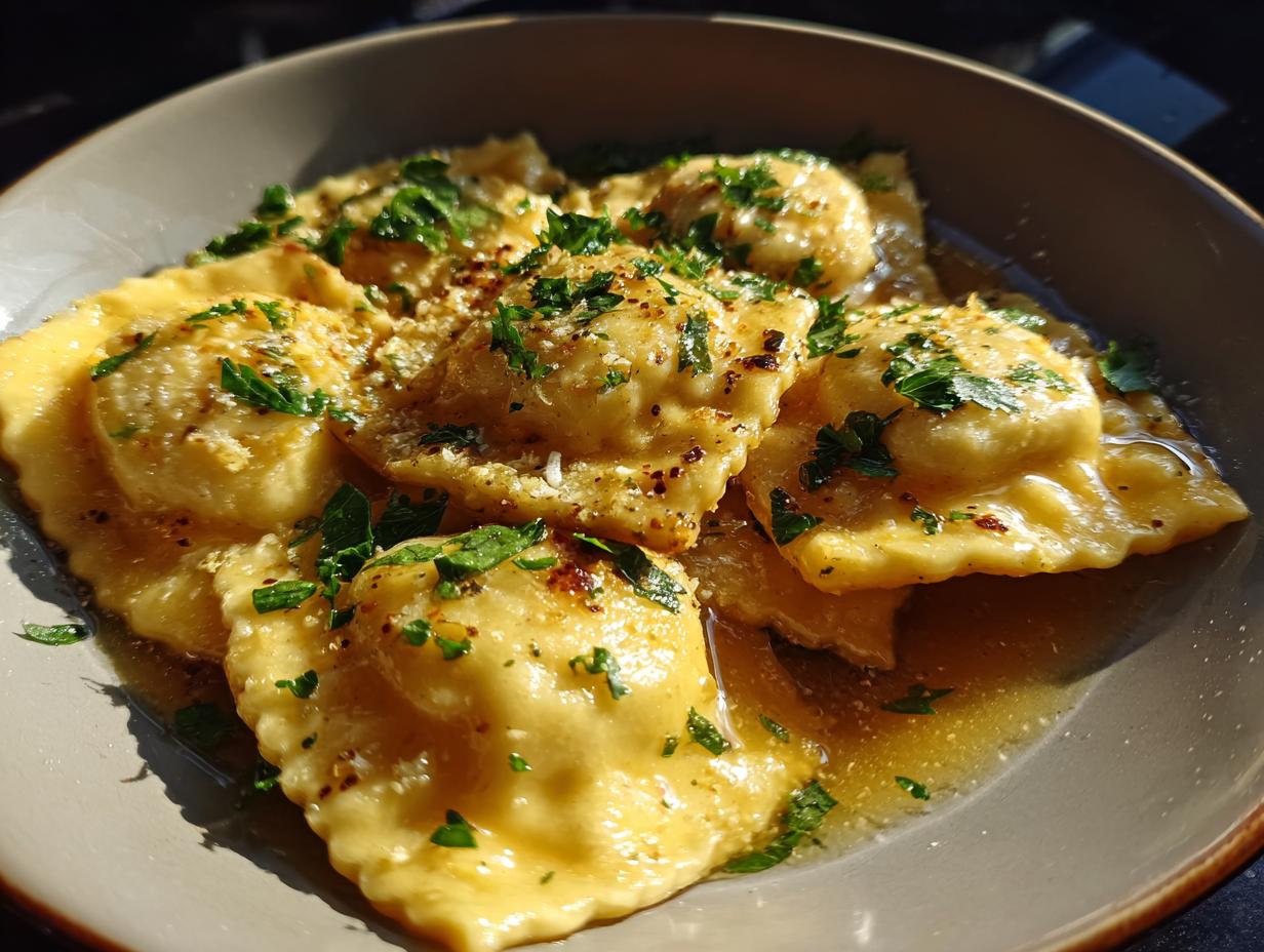 Close-up of Ricotta & Lemon Ravioli with Brown Butter, garnished with herbs, in a bowl.