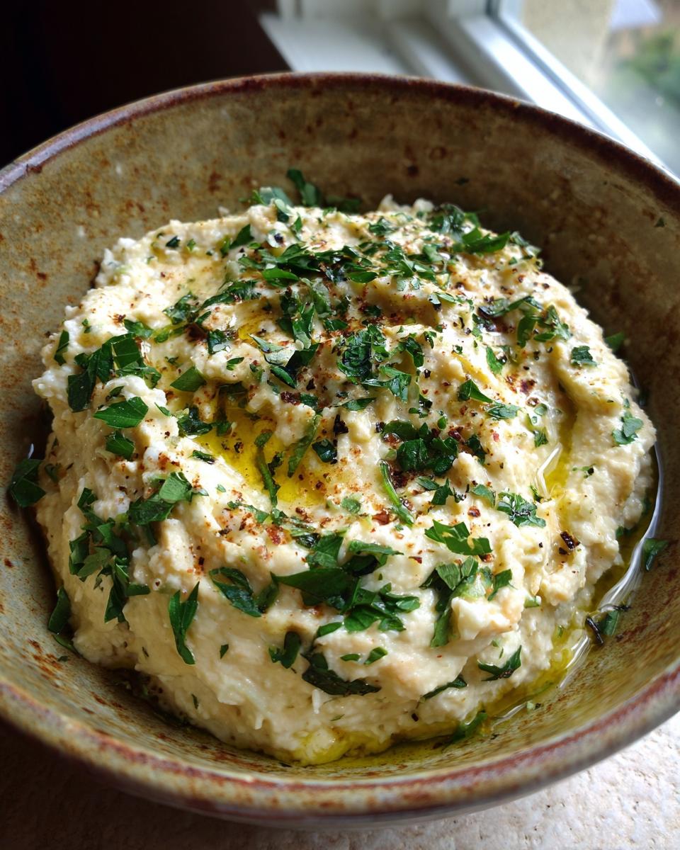 Close-up of a bowl of Roasted Garlic & White Bean Dip, garnished with fresh herbs and olive oil.