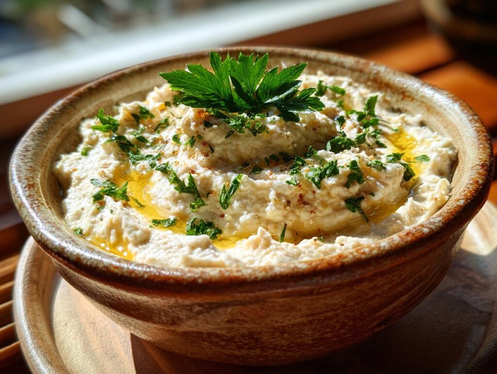 Close-up of a bowl of Roasted Garlic & White Bean Dip garnished with parsley and olive oil.