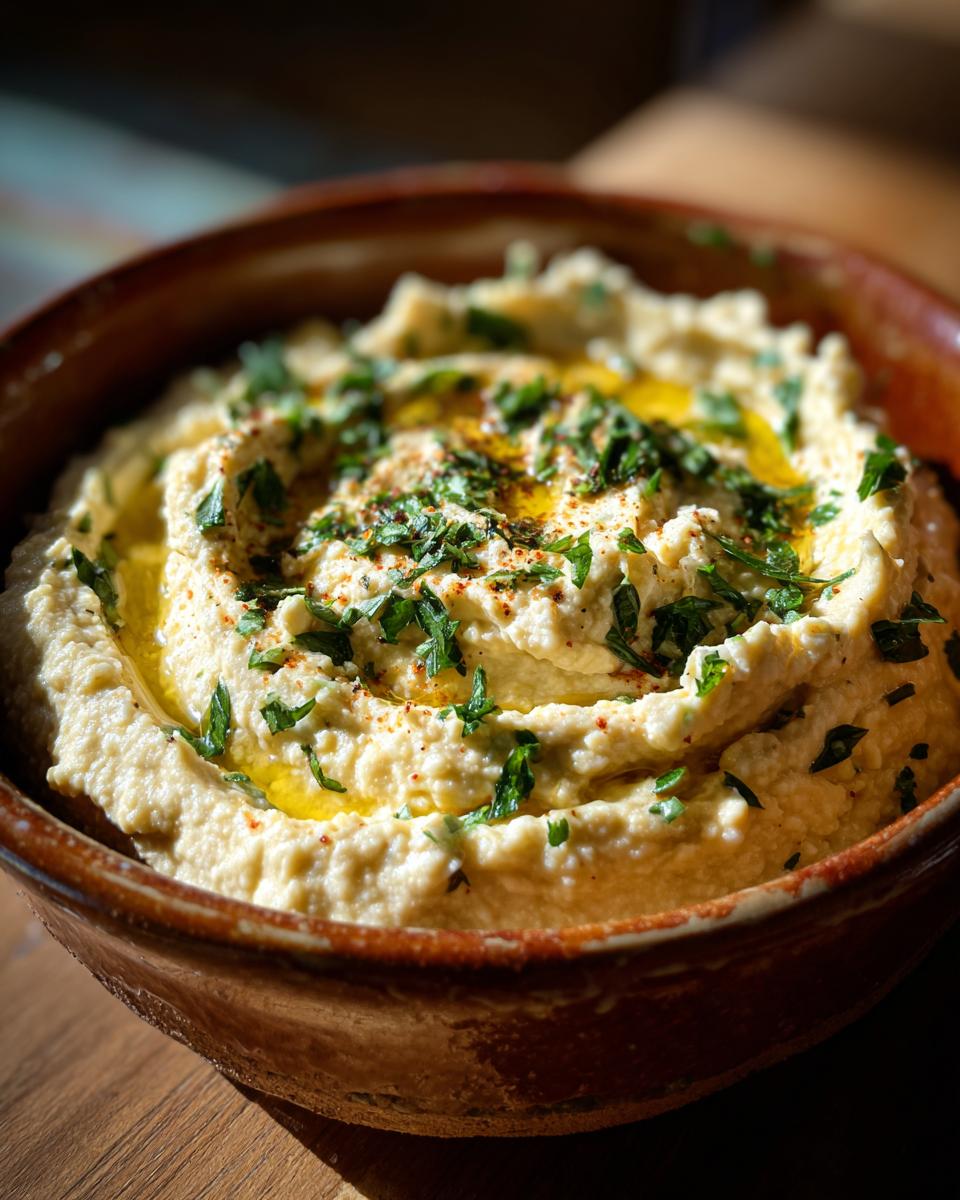 Close-up of a bowl of creamy Roasted Garlic & White Bean Dip, garnished with herbs and oil.