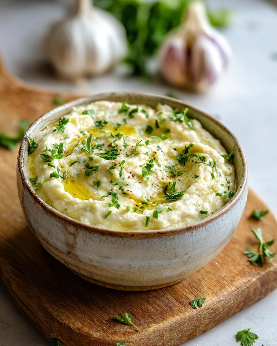 Close-up of a bowl of Roasted Garlic & White Bean Dip, garnished with parsley and olive oil.
