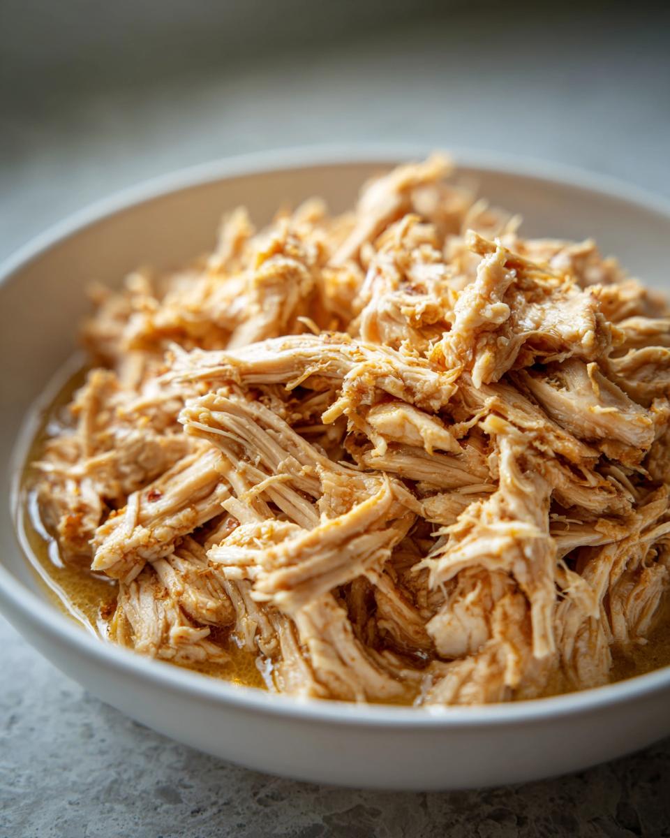 Close-up of shredded chicken in a white bowl, perfect for Crockpot Chicken Recipes Healthy.