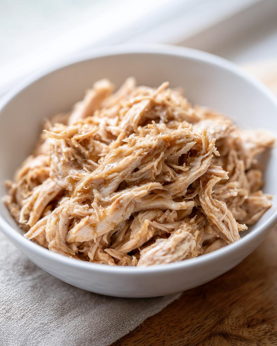 Close-up of shredded chicken in a white bowl, perfect for Crockpot Chicken Recipes Healthy.