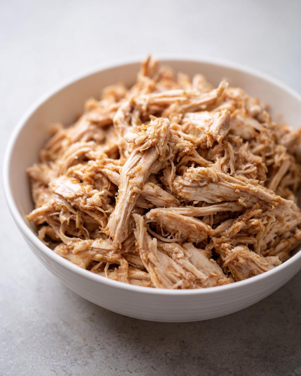 Close-up of shredded Crockpot Chicken Recipes Healthy in a white bowl, ready to be used in healthy recipes.