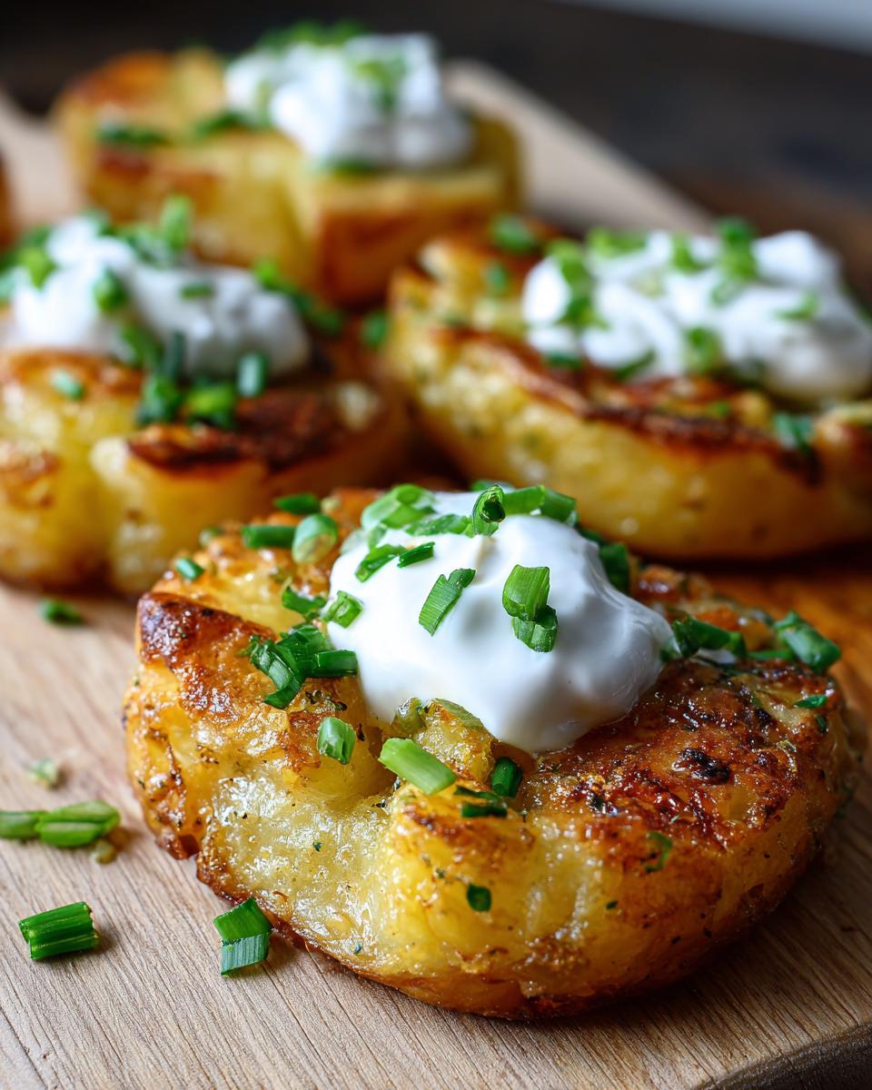 Close-up of golden, crispy Smashed Potatoes with Sour Cream & Chives, garnished with fresh chives.