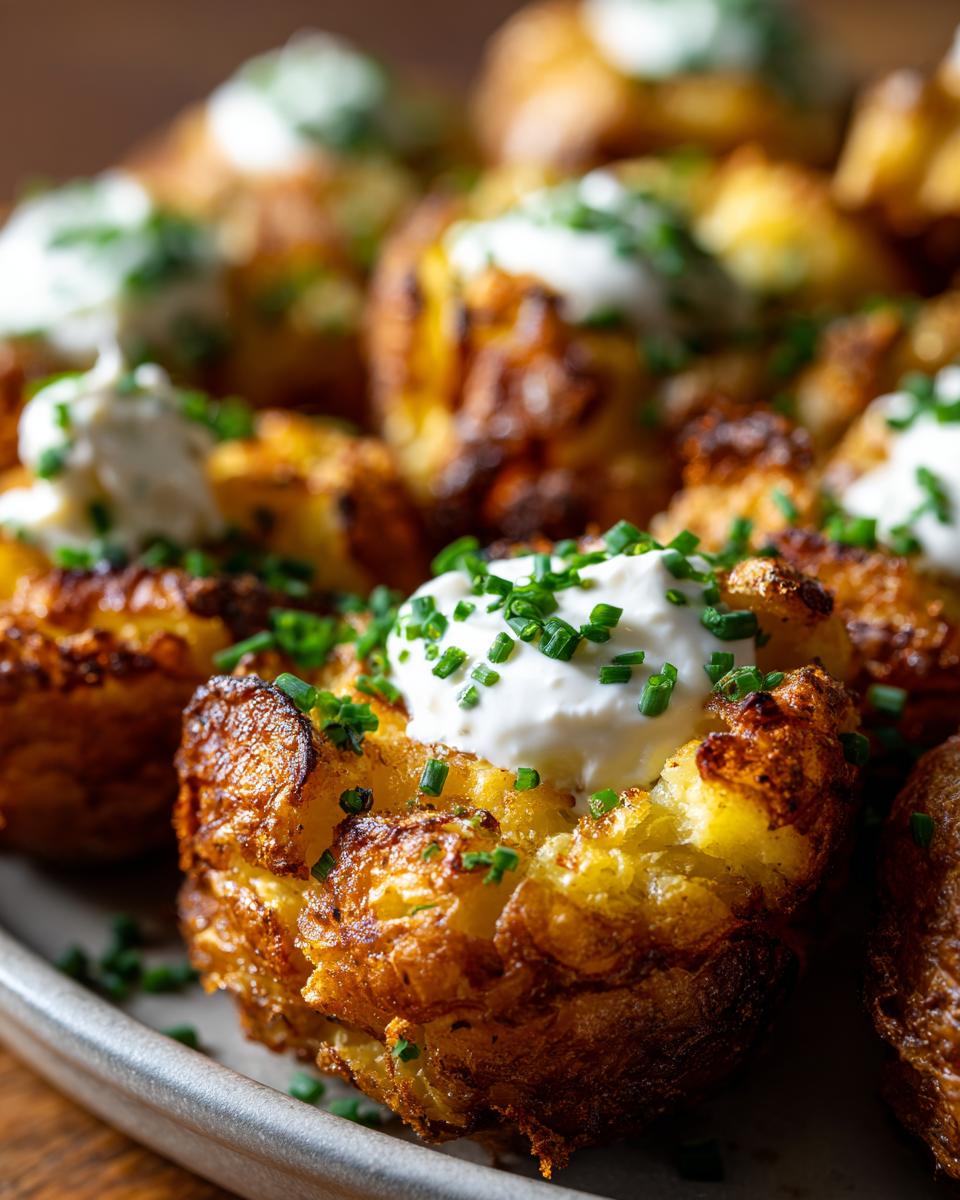 Close-up of crispy Smashed Potatoes with Sour Cream & Chives, garnished with fresh chives.