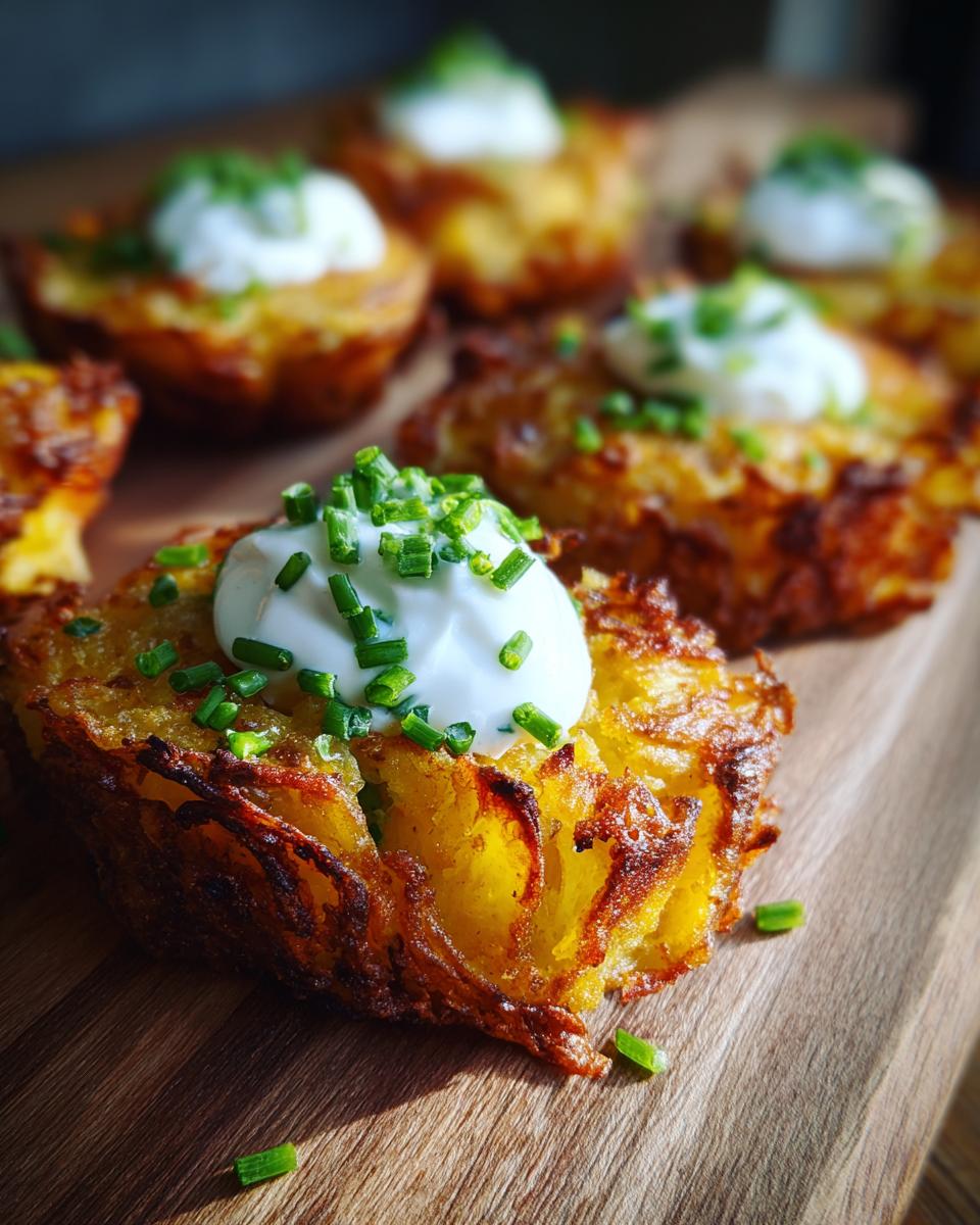 Close-up of crispy Smashed Potatoes with Sour Cream & Chives, garnished with fresh chives.