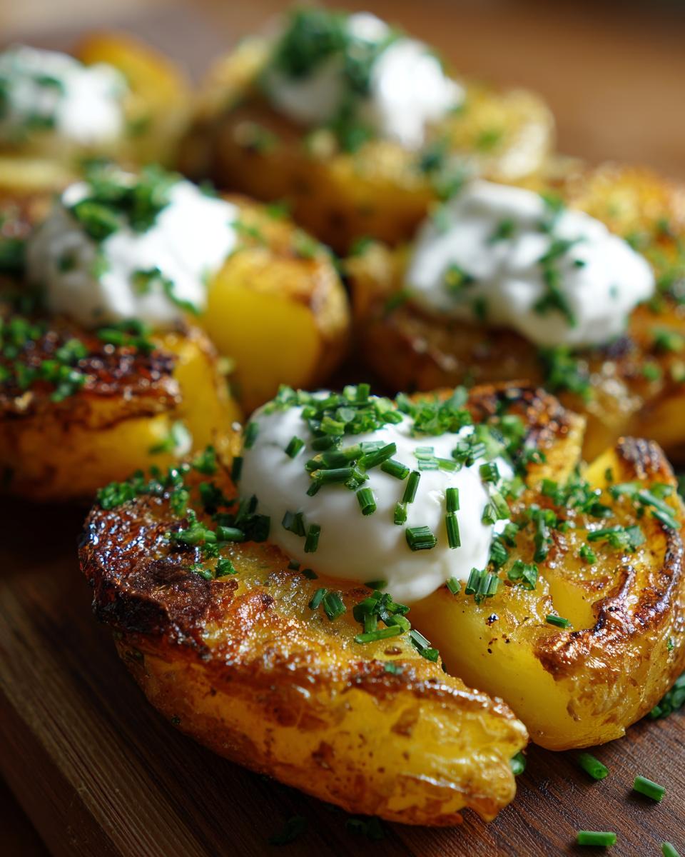 Close-up of golden, crispy Smashed Potatoes with Sour Cream & Chives, garnished with fresh chives.