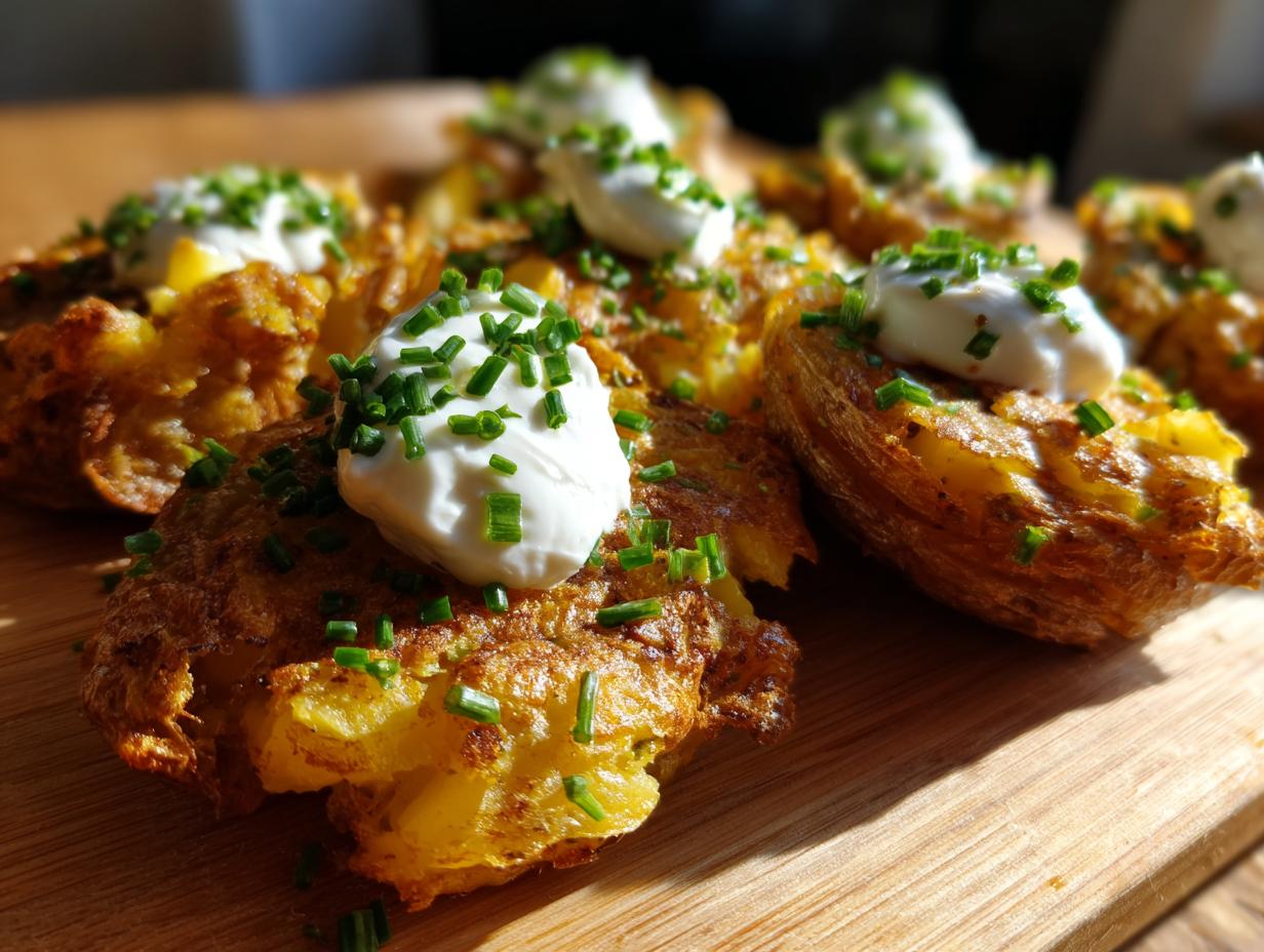 Close-up of crispy smashed potatoes topped with sour cream and fresh chives.