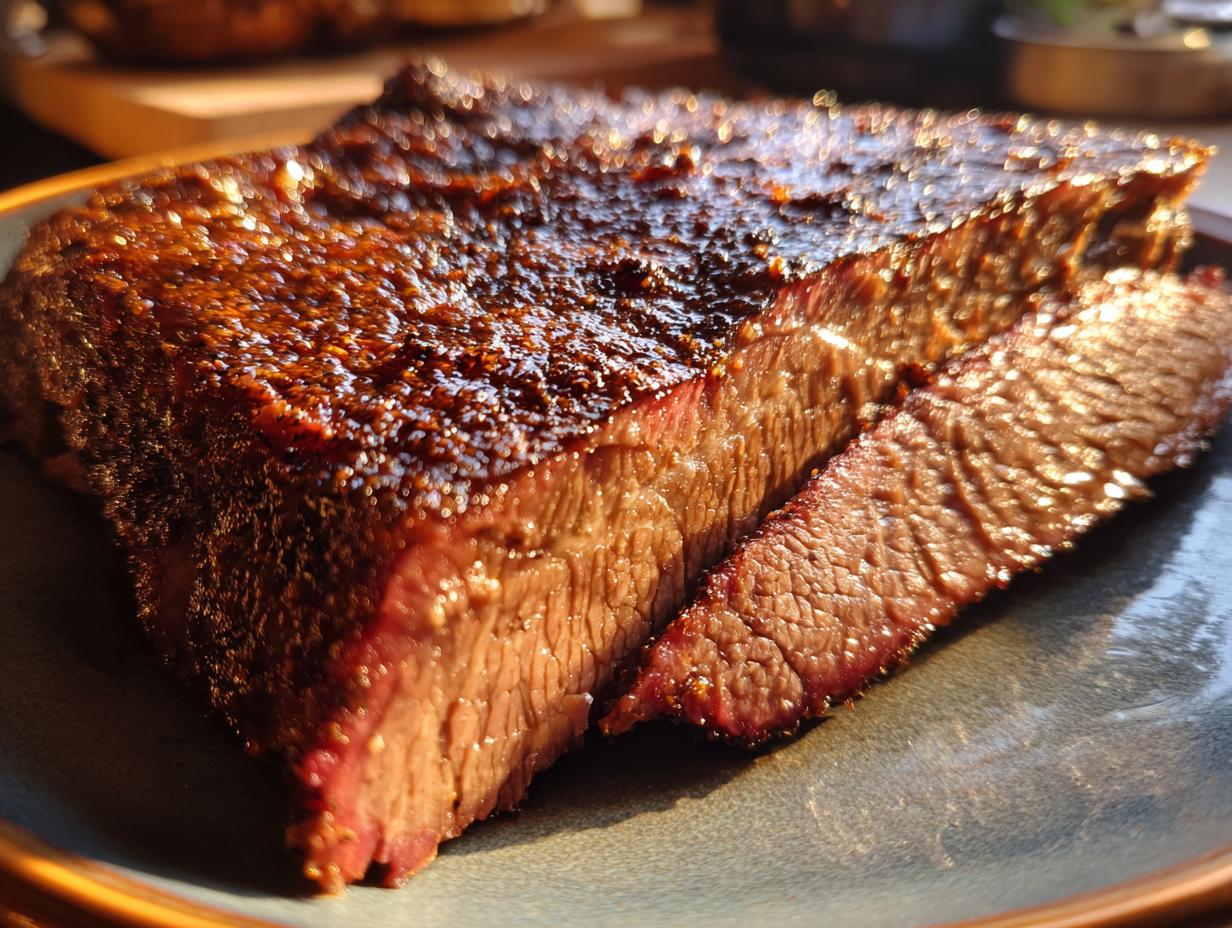 Close-up of a slice of Smoked Brisket with Dry Rub, showing the tender meat and bark.