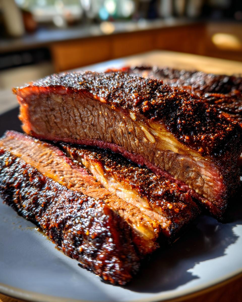 Close-up of sliced Smoked Brisket with Dry Rub, showing the bark and juicy interior.