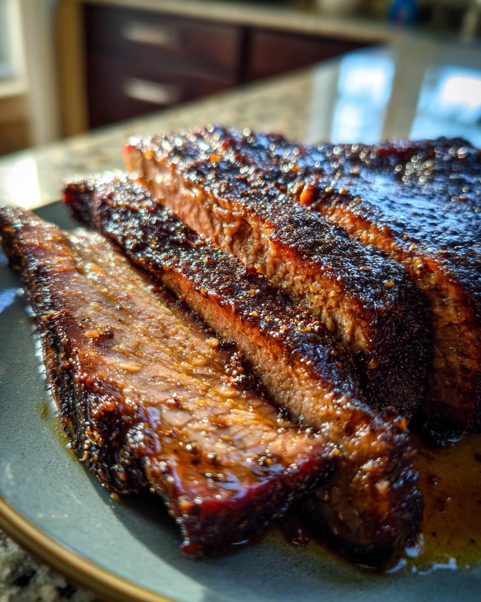 Close-up of sliced Smoked Brisket with Dry Rub on a plate, showing the juicy meat and bark.