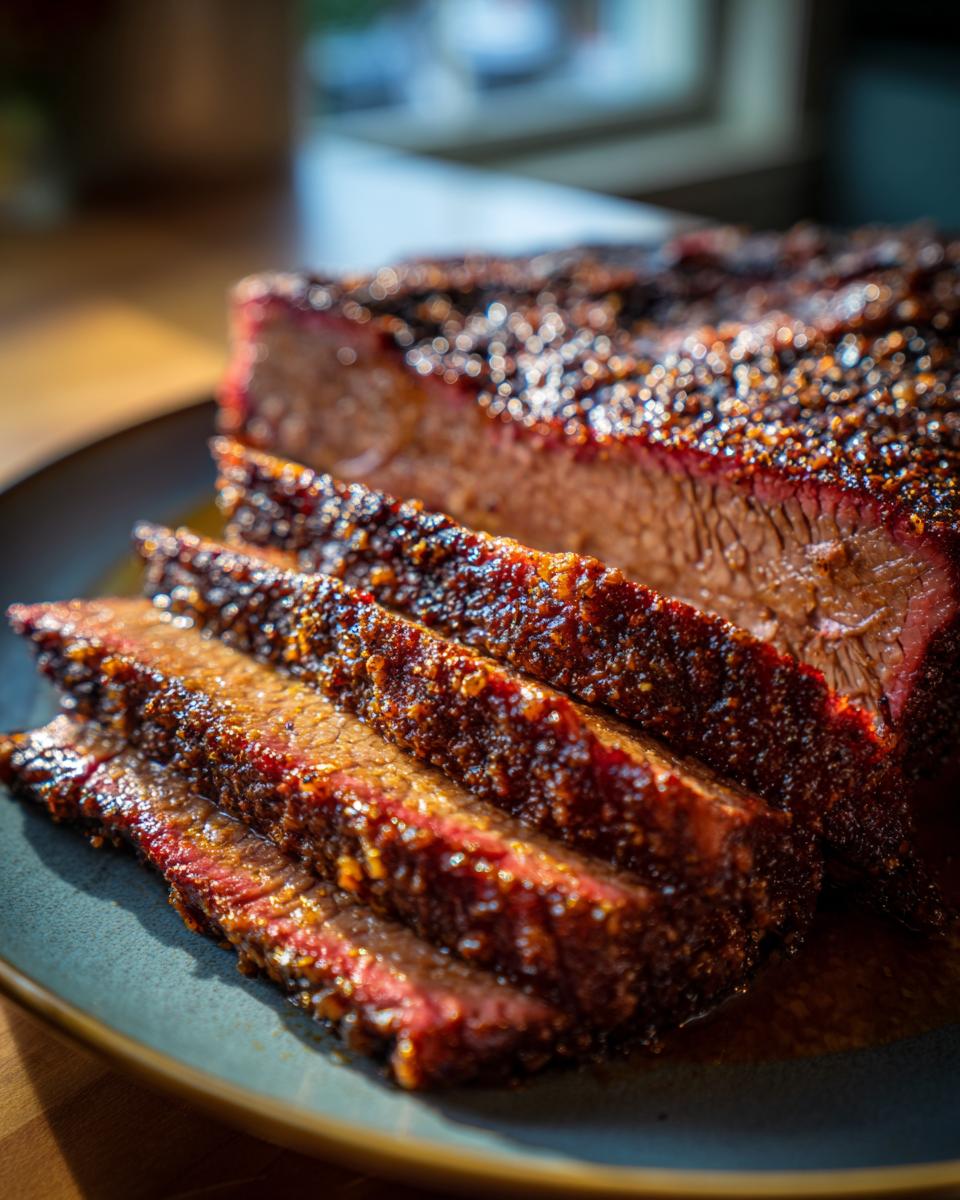 Close-up of sliced Smoked Brisket with Dry Rub, showing the juicy meat and crust.