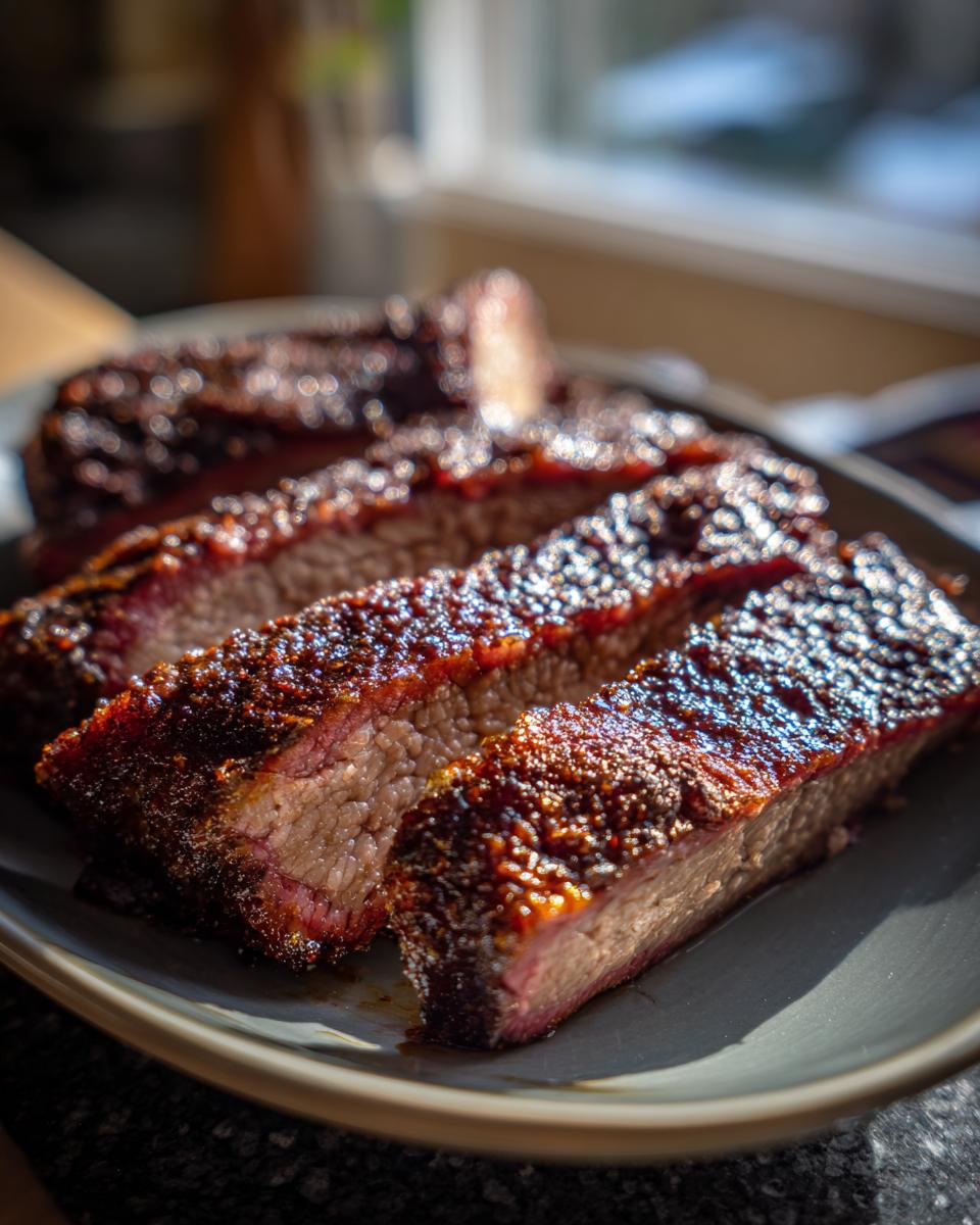 Close-up of sliced Smoked Brisket with Dry Rub on a plate, showing the juicy meat.
