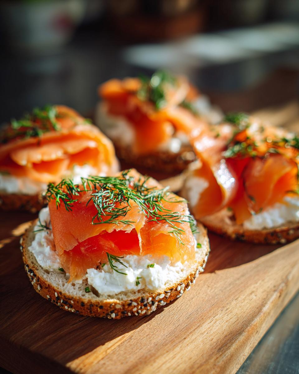 Close-up of Smoked Salmon & Cream Cheese Bagel Board with fresh dill.