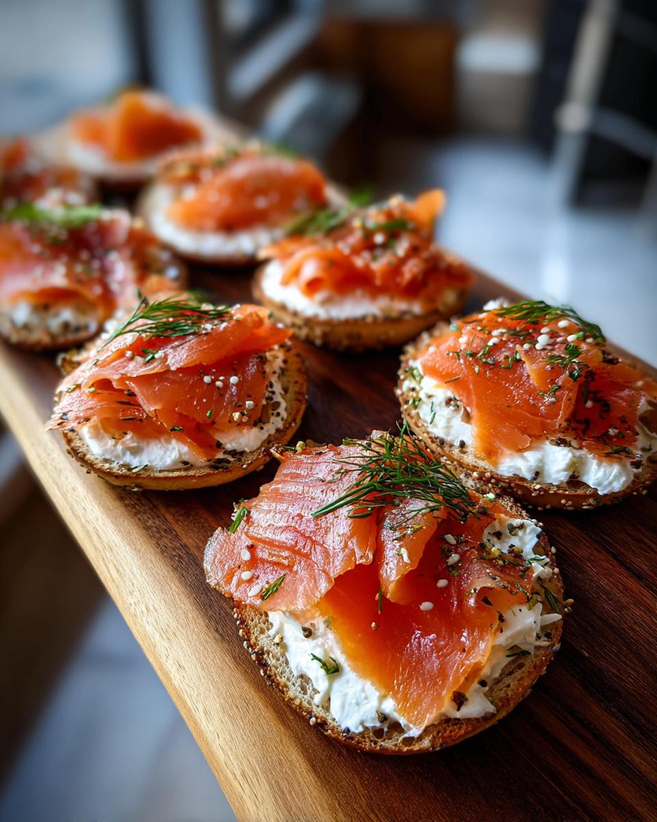 Close-up of Smoked Salmon & Cream Cheese Bagel Board with fresh dill and everything bagel seasoning.