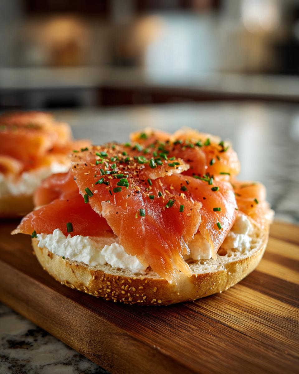 Close-up of a bagel with cream cheese and smoked salmon, part of a Smoked Salmon & Cream Cheese Bagel Board.