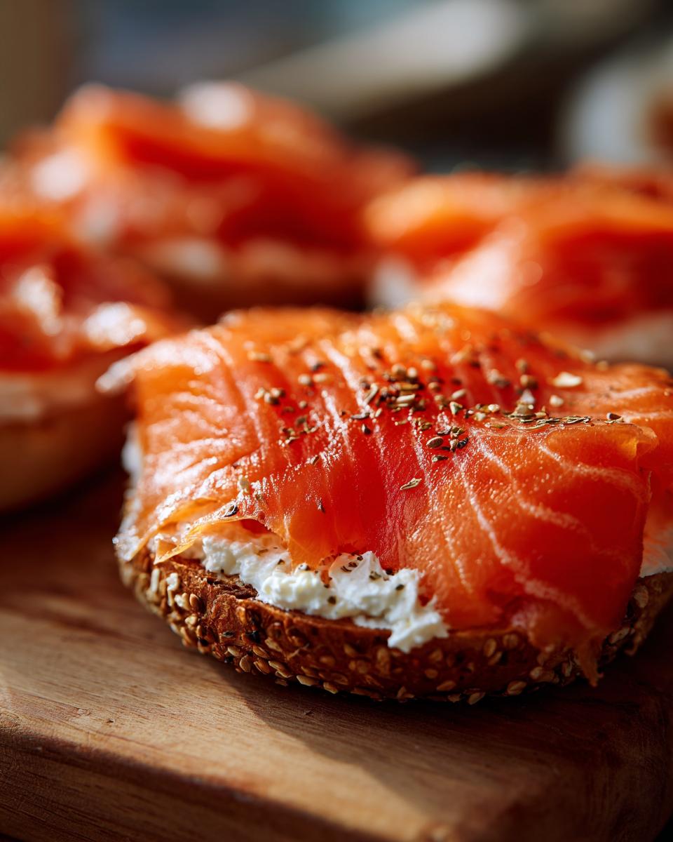Close-up of a bagel with cream cheese and smoked salmon, a key ingredient for a Smoked Salmon & Cream Cheese Bagel Board.