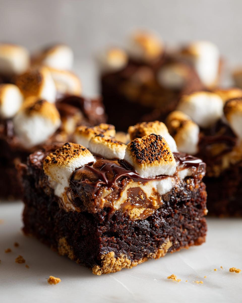 Close-up of a S'mores Brownie Bar with toasted marshmallows, chocolate, and graham cracker crust.