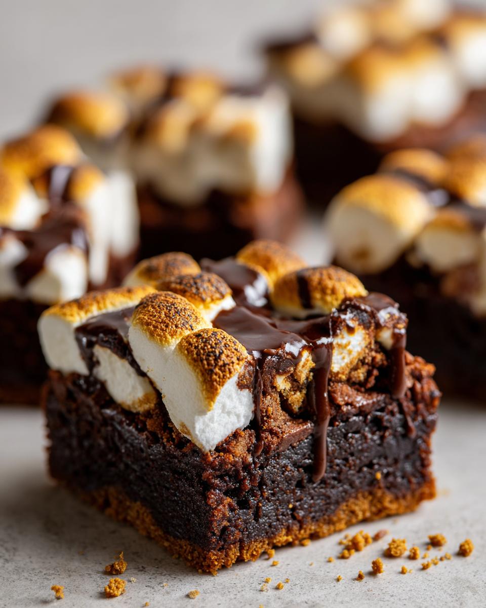 Close-up of a delicious S'mores Brownie Bar with toasted marshmallows and chocolate.