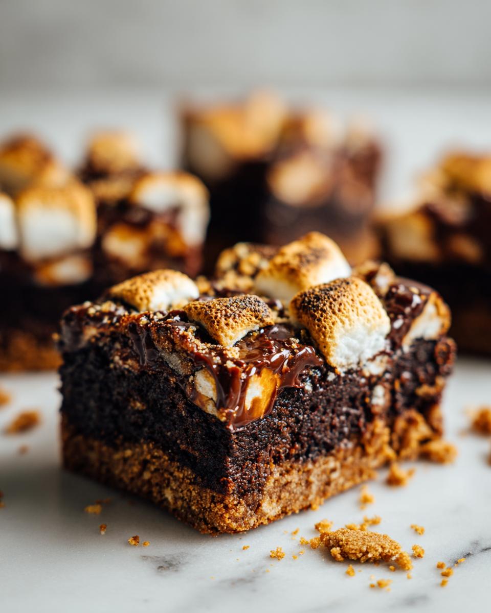 Close-up of a delicious S'mores Brownie Bar with toasted marshmallows and chocolate drizzle.