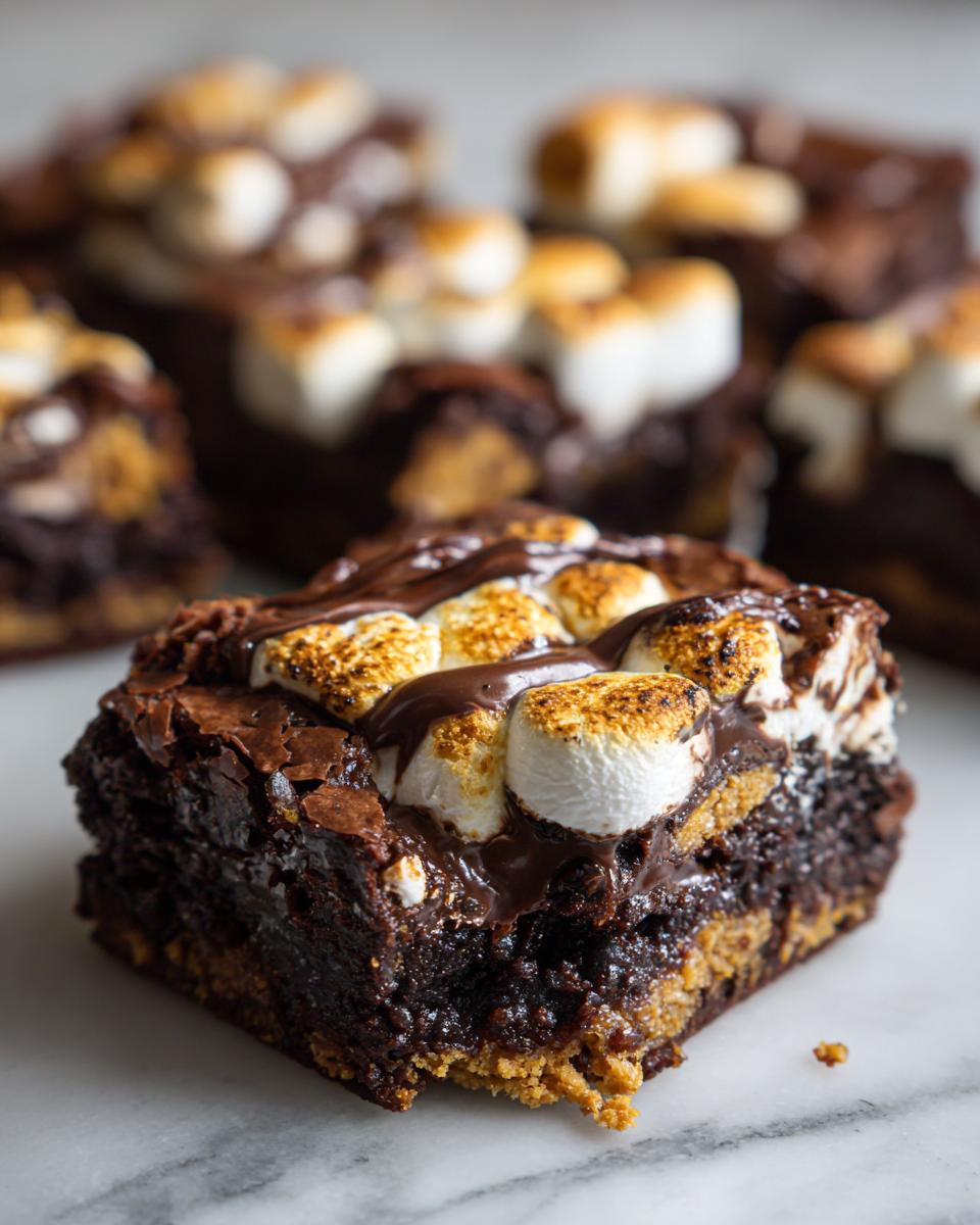 Close-up of a S'mores Brownie Bar with toasted marshmallows, chocolate drizzle, and graham cracker crust.