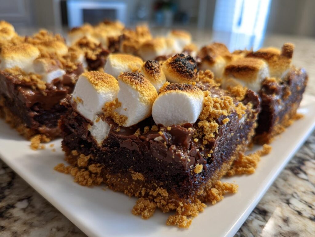 Close-up of S'mores Brownie Bars with toasted marshmallows and graham cracker topping.