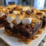 Close-up of S'mores Brownie Bars with toasted marshmallows and graham cracker topping.