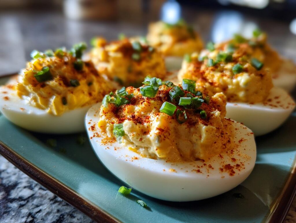 Close-up of Spicy Elote Deviled Eggs, garnished with paprika and chives, on a teal plate.