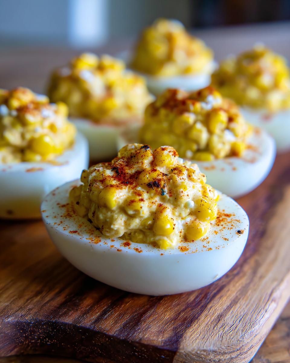 Close-up of Spicy Elote Deviled Eggs, garnished with paprika, on a wooden serving board.