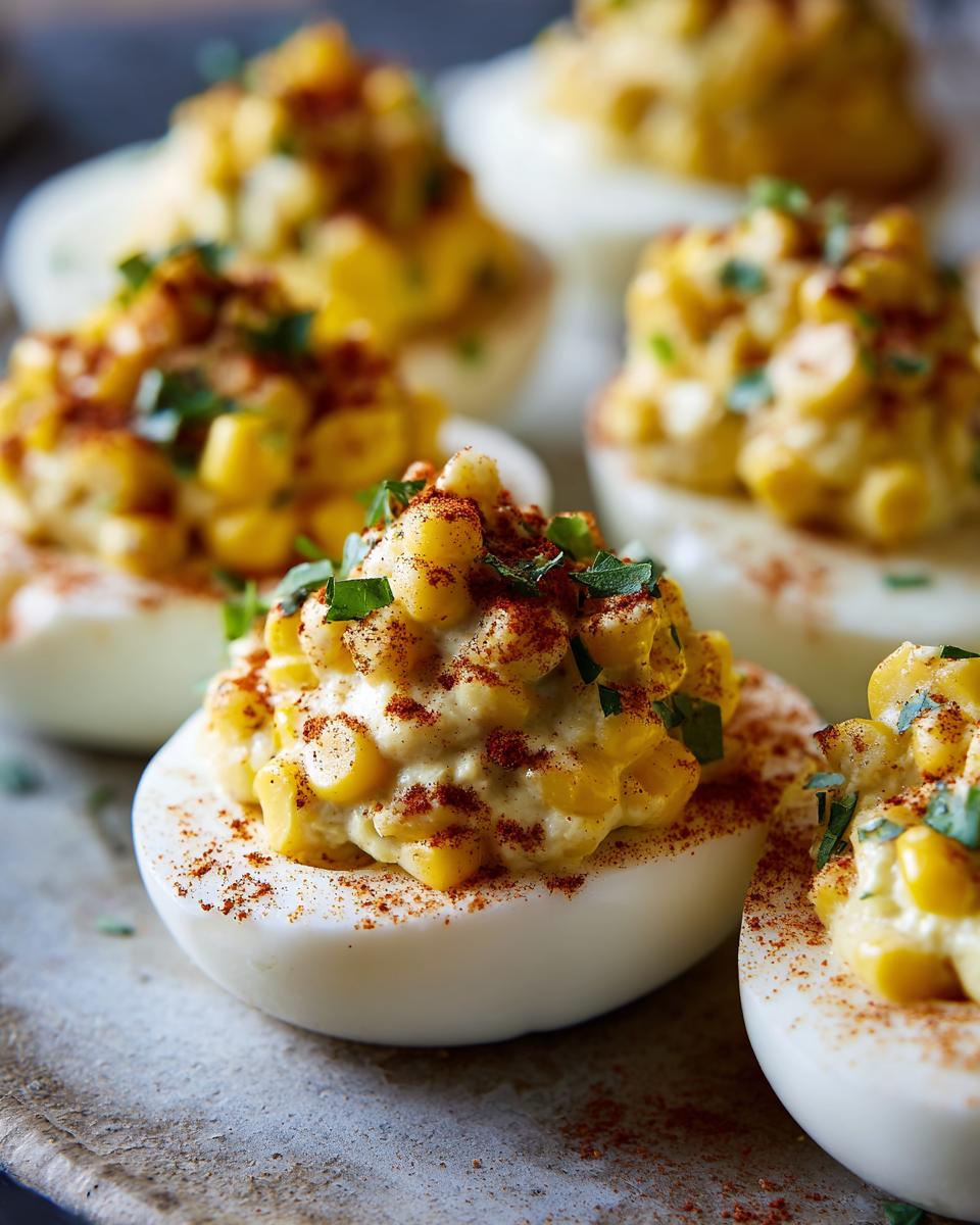 Close-up of Spicy Elote Deviled Eggs, topped with corn, paprika, and herbs.