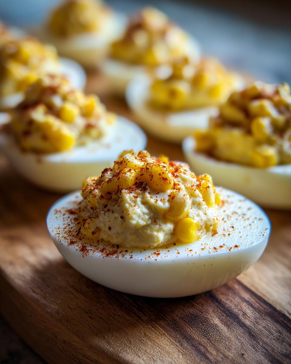 Close-up of Spicy Elote Deviled Eggs, showing the creamy filling, corn, and paprika.