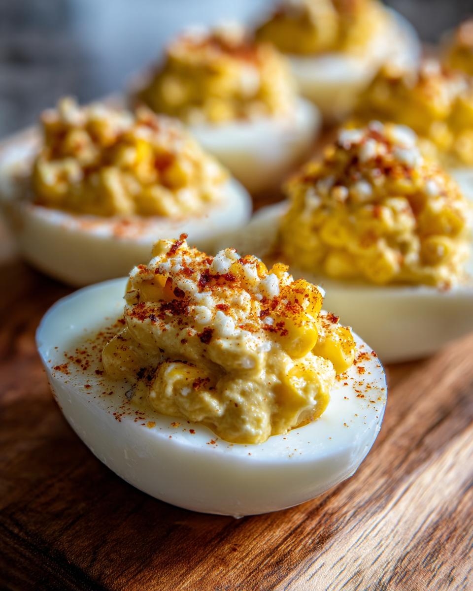 Close-up of Spicy Elote Deviled Eggs, garnished with paprika, on a wooden cutting board.
