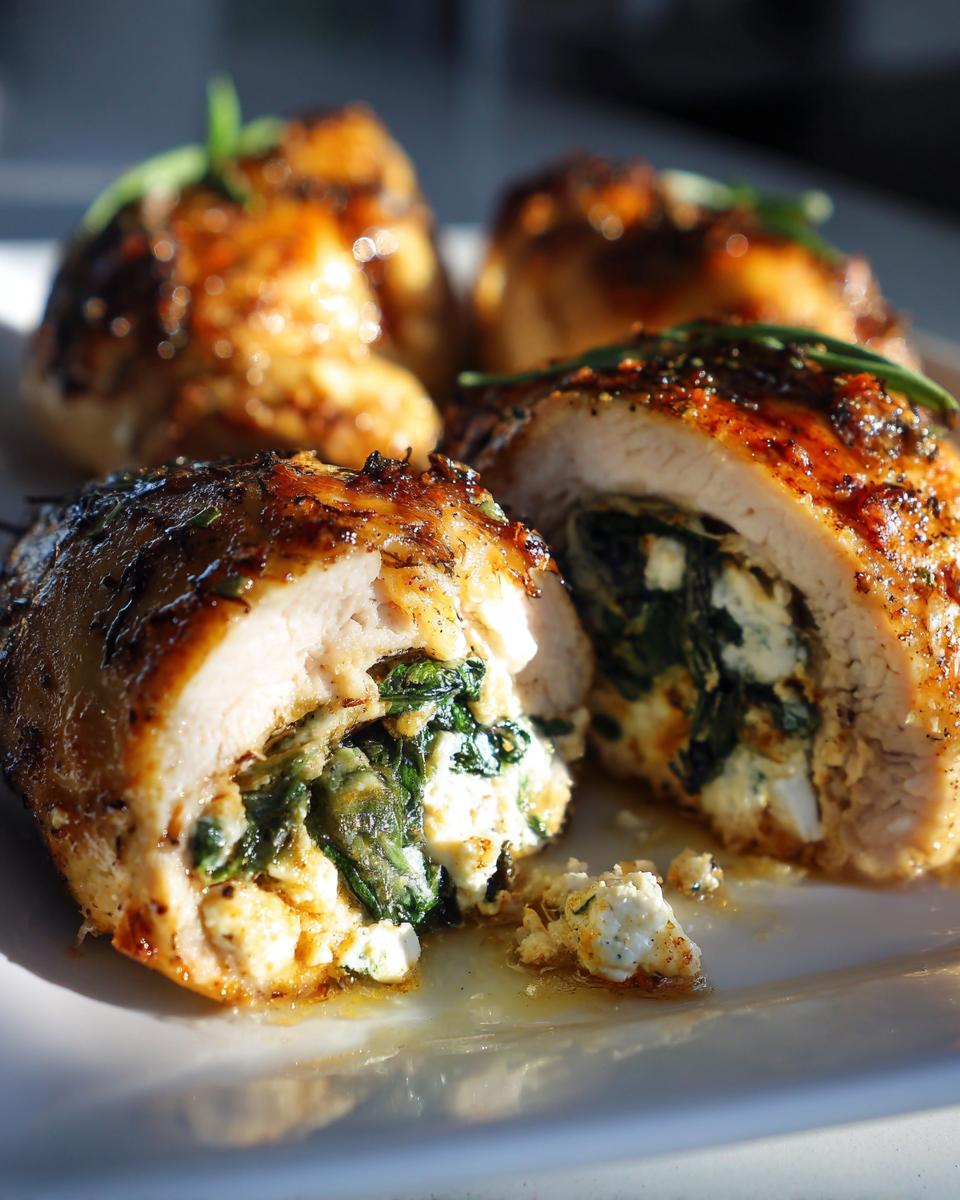 Close-up of Spinach & Feta Stuffed Chicken, showing the spinach and feta filling.