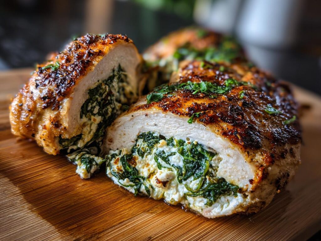 Close-up of Spinach & Feta Stuffed Chicken, showing the filling of spinach and feta cheese.