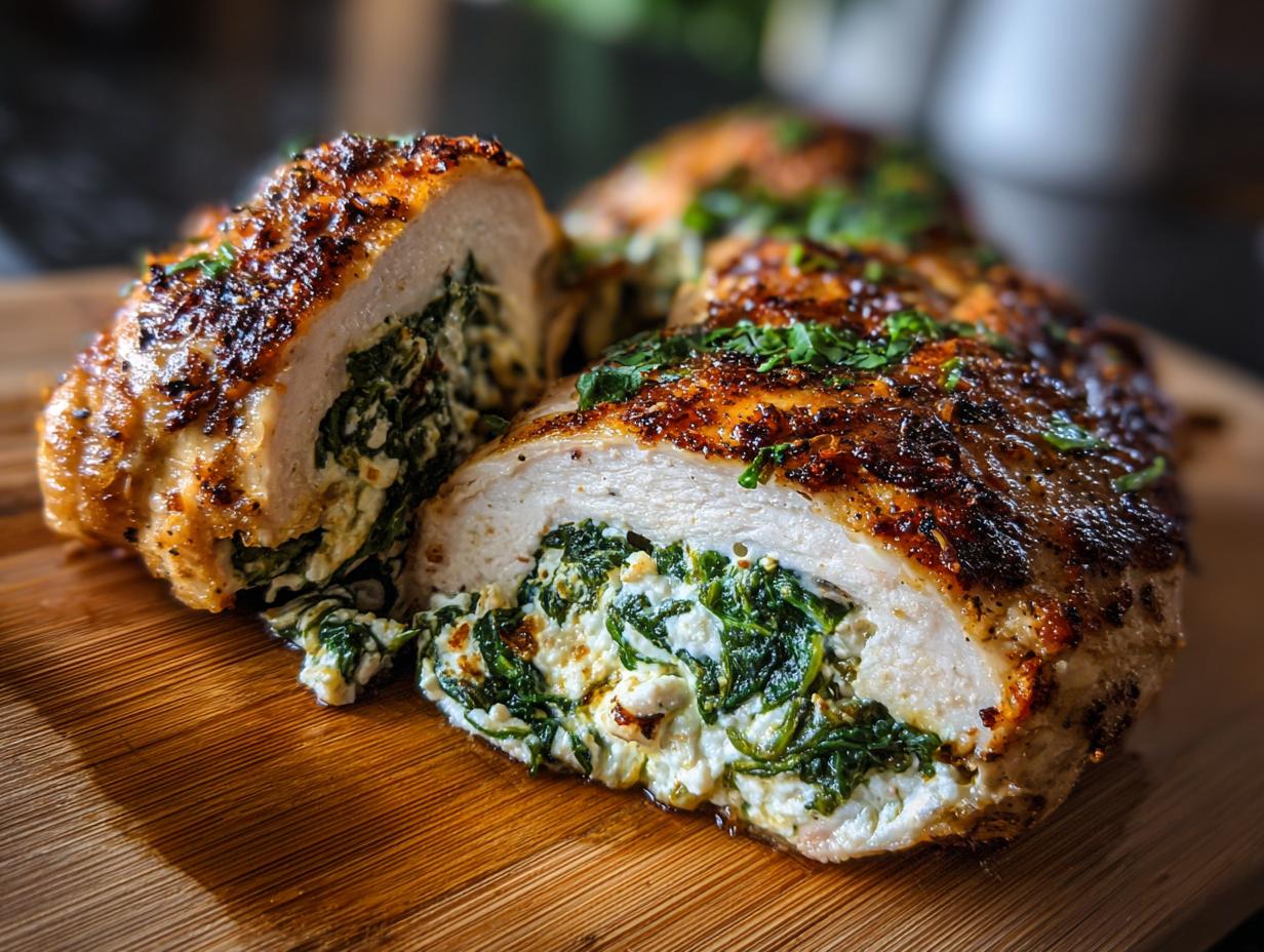 Close-up of Spinach & Feta Stuffed Chicken, showing the filling of spinach and feta cheese.