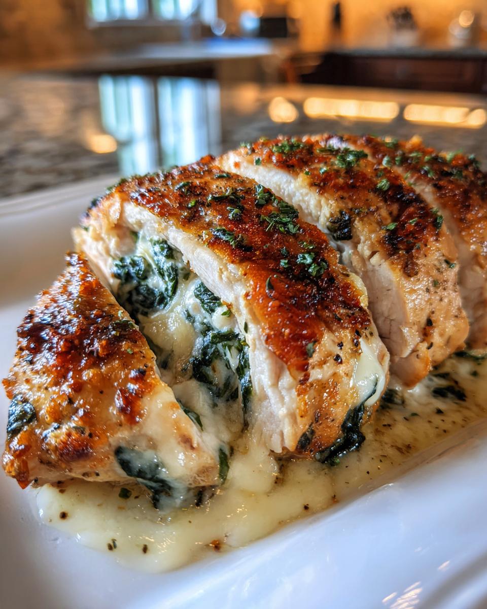 Sliced Spinach & Feta Stuffed Chicken on a white plate, showing the filling.