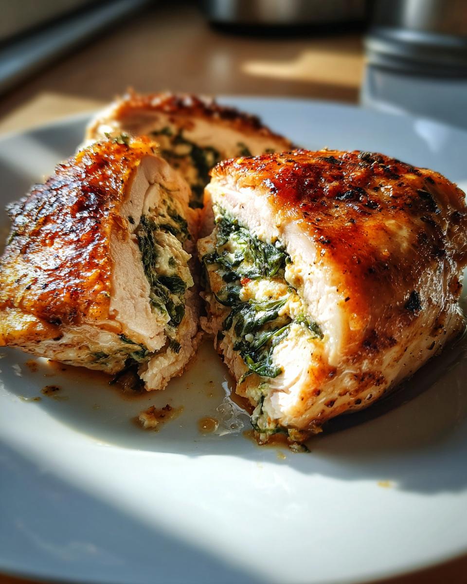 Close-up of sliced Spinach & Feta Stuffed Chicken, showing the filling.