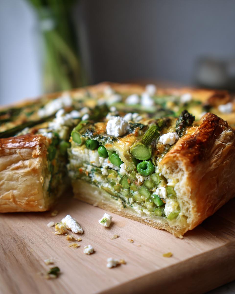 Slice of a delicious asparagus and pea tart, perfect for Spring Baking Recipes.