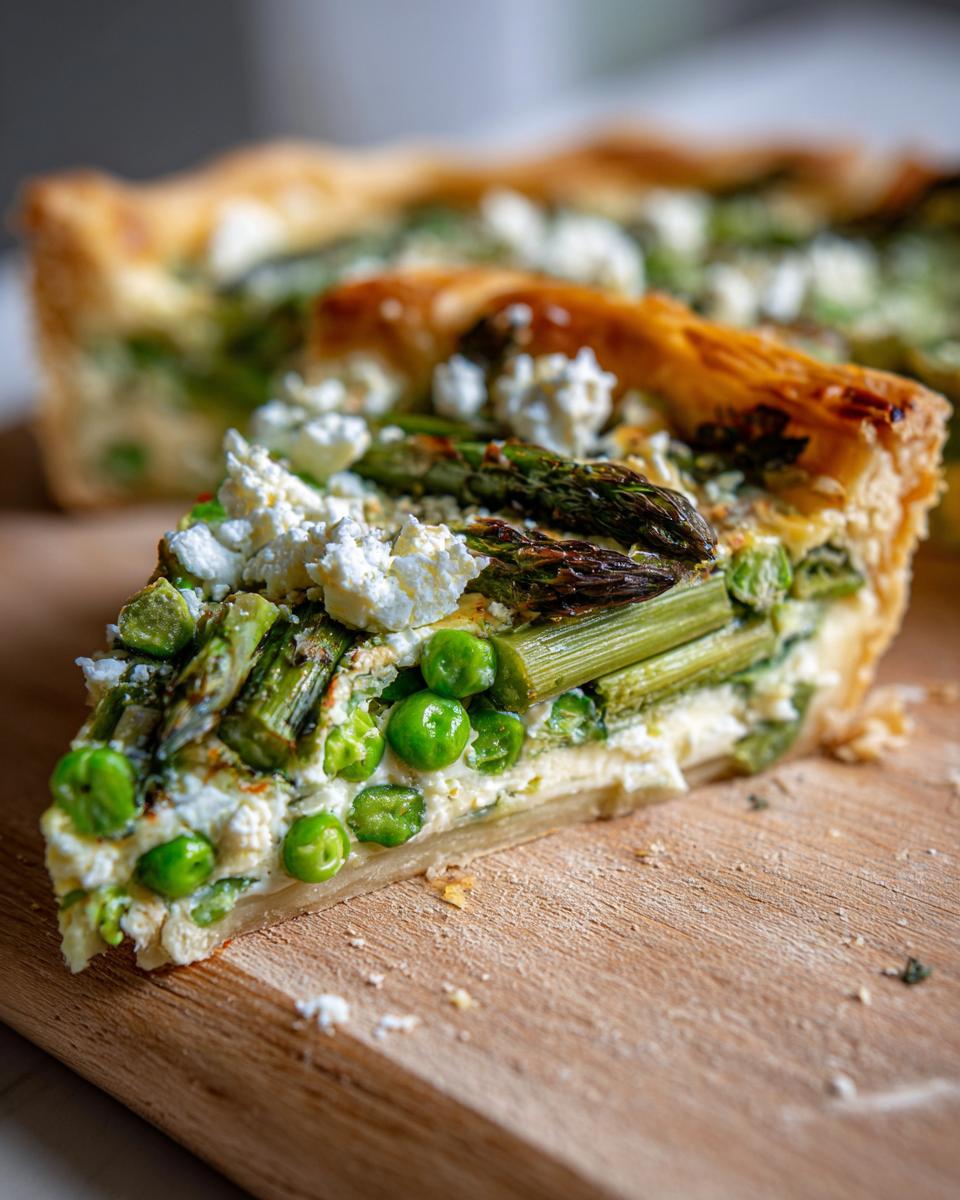 Close-up of a slice of asparagus and pea tart, a delicious recipe for spring baking.